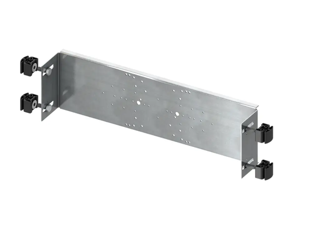 TECE Armaturentraverse aus Metall mit mehreren Löchern zur Befestigung, versehen mit zwei schwarzen Montageteilen. Geeignet für den nachträglichen Einbau in Wand- oder Terminalmodule.